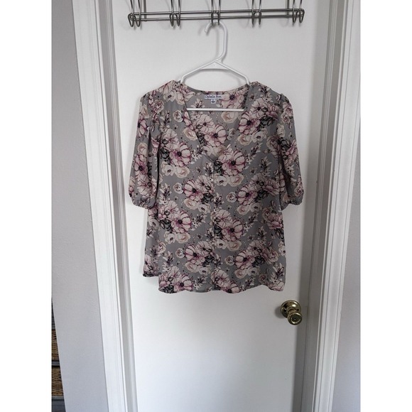 Tops - Ophelia Roe‎ Gray And pink Floral Casual Flowy Business Casual Blouse Size L.